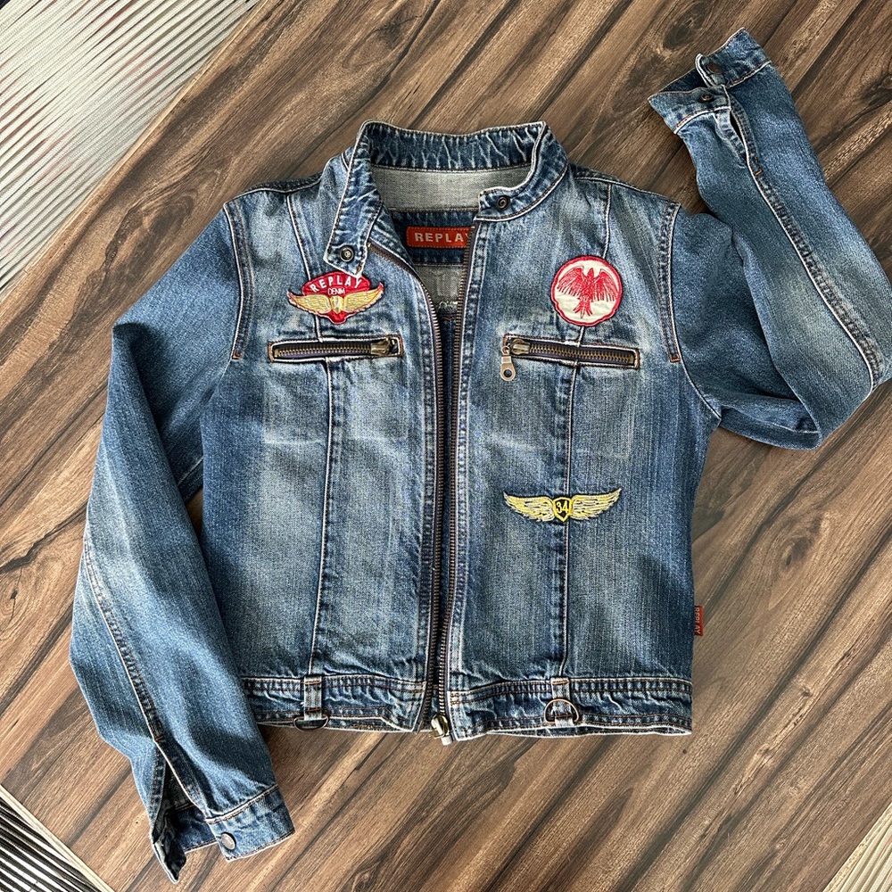 Replay Blue Denim Jacket with Colorful Patch Details